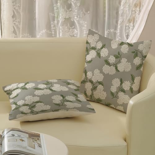 Grey Spring Pillow Covers 16x16 Inch 2 Pcs Gray Green Hydrangea Flower Decor Throw Pillows Vintage Floral Seasonal Summer Outdoor Decoration Pillowcase Linen Cushion Cover for Couch Sofa - color: Grey Hydrangea, size: 16" x 16" (Pack of 2)
