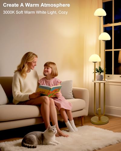 Gold Dimmable Floor Lamp with Table, Modern Floor Lamps with Mushroom Shades for Living Room, 3000K Warm White Tall Standing Lamp with Bulbs& 5Lbs Heavy Base for Bedroom/Office - color: 3 Mushroom-Gold