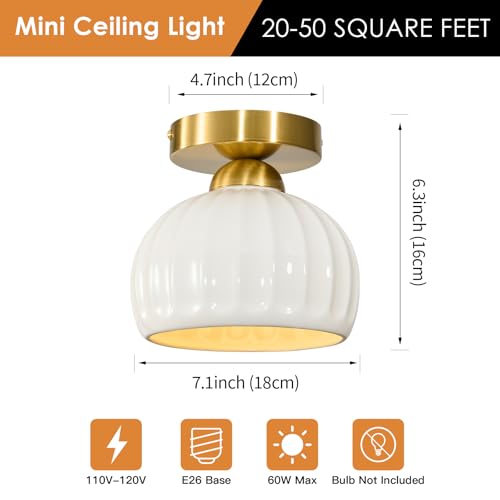 Glaze Ceramic Semi Flush Mount Ceiling Light - 2 Pack, Vintage Gold Hallway Light Fixtures, Milk White Globe Ceiling Lights, Mid Century Small Light Fixture for Cottage Entryway Laundry Room Foyer - color: Glaze Ceramic-Gold