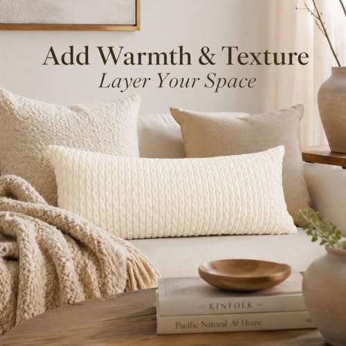 JoraLion 12x24 Boho Decorative Lumbar Throw Pillow Cover, Cream Cozy Soft Striped Corduroy Long Rectangle Cushion Case Accent Home Decor for Sofa Bed Room Livingroom, ONLY Cover - color: Cream, size: 24" x 12" (Pack of 1)