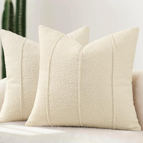 YCOLL Textured Boucle Throw Pillow Covers 22x22 Pack of 2 - Soft Neutral Striped Cushion Covers, Cozy Accent Decorative Pillow Covers for Couch, Sofa, Bed, Living Room (Cream) - color: Cream, size: 22" x 22" (Pack of 2)