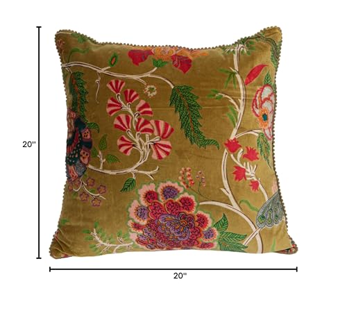 Creative Co-Op Cotton Blend Velvet Printed Pillow with Flowers and Mini Pom Pom Trim, Multicolor