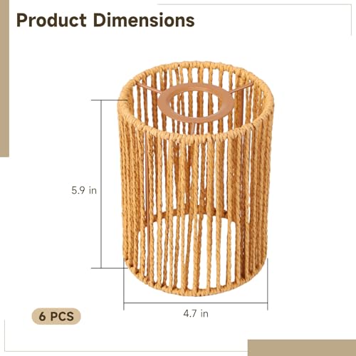 6 Pcs Paper Rope Lamp Shades, Rattan Lamp Shade, Boho Pendant Light Shade, Woven Lampshade with Metal Frame, 4.7 x 4.7 x 5.9 in, Creative Lighting for Home, Living Room, Bedroom