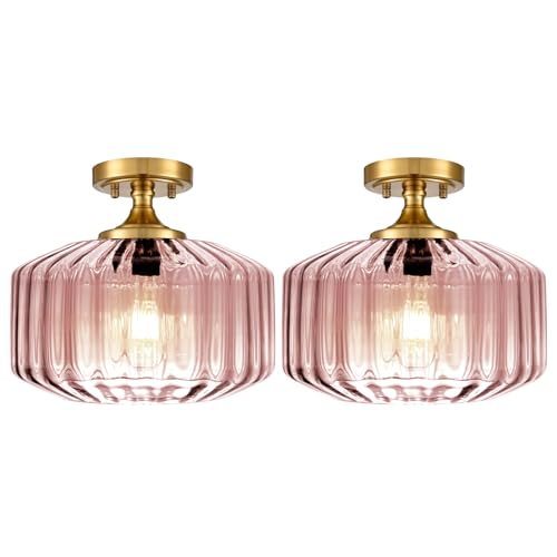 Flush Mount Ceiling Light Gold Light Fixture Set of 2 Striped Glass Shade Pink Chandelier Farmhouse Semi Flush Mount Light for Pantry Bar Cafe Hallway Entryway - color: Pink, 2 Pack