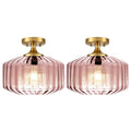 Flush Mount Ceiling Light Gold Light Fixture Set of 2 Striped Glass Shade Pink Chandelier Farmhouse Semi Flush Mount Light for Pantry Bar Cafe Hallway Entryway - color: Pink, 2 Pack