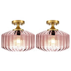 Flush Mount Ceiling Light Gold Light Fixture Set of 2 Striped Glass Shade Pink Chandelier Farmhouse Semi Flush Mount Light for Pantry Bar Cafe Hallway Entryway - color: Pink, 2 Pack