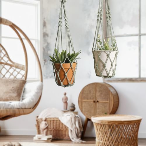 Artilady Macrame Hanging Planter for Indoor Plants, Boho Woven Plant Hanger Large Hanging Flower Pot Holders Outdoor Baskets Storage No Tassels Sage Green Wall Decor (Sage Green-2pcs) - color: Sage Green-2pcs