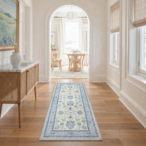 Bavni 2x5 Washable Runner Rug Non Slip, Boho Vintage Distressed Hallway Runner, Low Pile Soft Thin Carpet Stain Resistant, Accent Kitchen Runner Floral Rugs for Entryway, Bedroom, Laundry, Blue Green - color: Blue Green, size: 2' x 5' (Rectangular)
