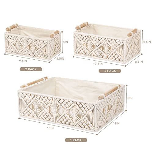 ANMINY 5PCS Macrame Storage Baskets for Organizing Boho Decor Baskets Storage Bins with Wood Handles Handmade Decorative Storage Boxes with Removable Liner Toilet Tank Bathroom Self Basket Organizer - color: Off White (Set of 5)