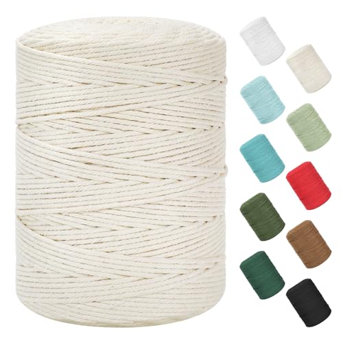 Macrame Cord 3mm x 380Yards (1140Feet), Natural Cotton Macrame Rope - 4 Strands Twisted Macrame Cotton Cord for Wall Hanging, Plant Hangers, Crafts, Gift Wrapping and Wedding Decorations, Beige - color: Beige, size: 0.12 in x 380 yd