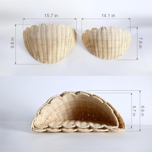 Scalloped Hanging Wicker Baskets for Wall, Scalloped Home Decor, Hanging Woven Rattan Wall Basket for Flowers Front Door Bathroom Storage (Rattan-Set of 2) - color: Off White, size: S+M