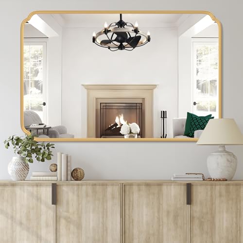 Ferytange 55X36 Inch Gold Metal Framed Bathroom Mirror for Wall, Large Rounded Rectangle Bathroom Vanity Mirror Farmhouse, Anti-Rust, Tempered Glass, Hangs Horizontally or Vertically - color: Gold, size: 55"L x 36"W