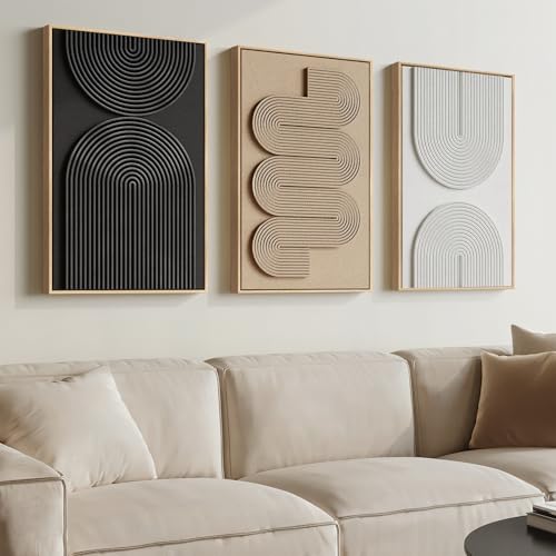 3D Textured Framed Boho Neutral Abstract Wall Art for Bedroom Decor, 3 Piece Modern Artwork for Walls, Black White Brown Minimalist Geometric Paintings for Living Room, Dining Room Wall Decor 16x24 In - color: Neutral --A, size: 16"w X 24"h X 3pcs