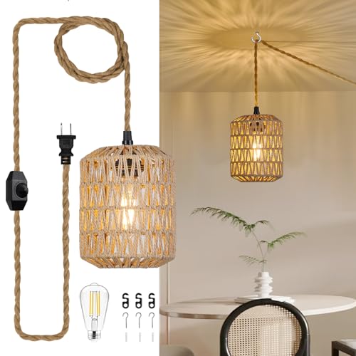 Plug in Pendant Light with 6W LED Bulb Warm Light(3000K) Dimmable Switch Cute Rattan Hanging Lamp Cord 15ft Hand Woven Plug in Chandelier Boho Hanging Lights Fixture for Bedroom Kitchen - size: 1 Light (Bulb Included)