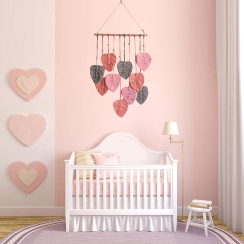 LB Macrame Wall Hanging Decor, Boho Chic Feather Wall Decor Macrame Photo Wall Hanging Handmade Yarn Woven Wall Art Pink Leaf Tapestry for Bedroom Living Room Nursery Office Backdrop, 16x35 Inch - color: Pink