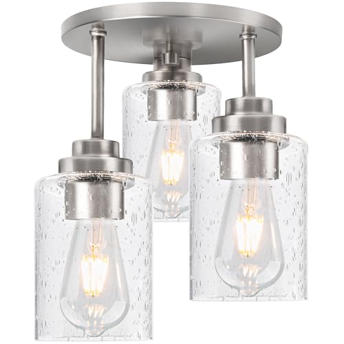 hykolity 3-Light Semi Flush Mount Ceiling Light, 9 Inch Brushed Nickel Close to Ceiling Light Fixtures with Seeded Glass Shades, Modern Ceiling Lighting for Kitchen, Bedroom, Entryway, ETL Listed - color: Brushed Nickel