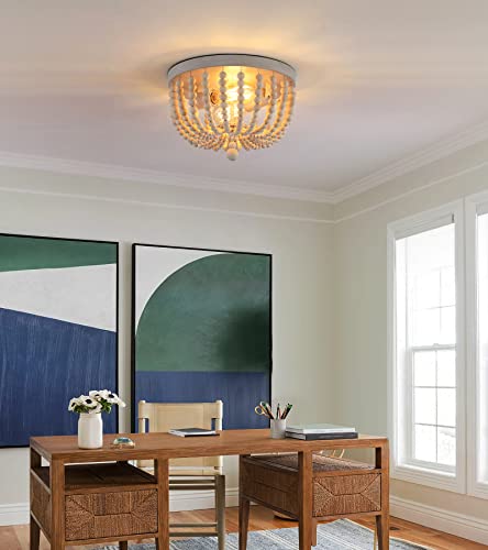 Q&S Boho Chandelier Wood Beaded Flush Mount Ceiling Light Fixtures for Nursery Baby Bedroom Kitchen Hallway,Oak White Finish,2-Lights - color: Ceiling-2OAK