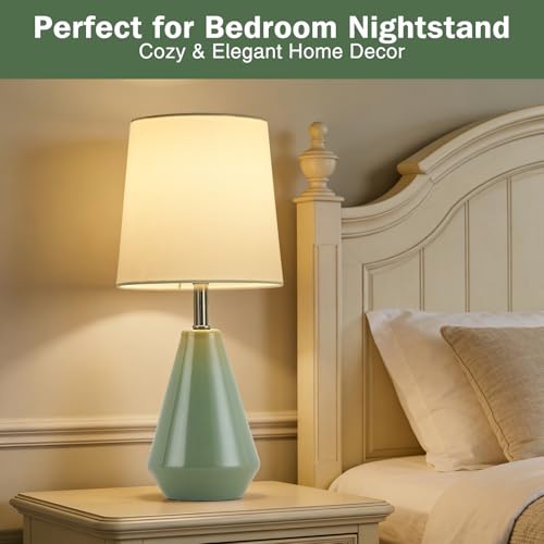 Small Bedside Table Lamp for Bedroom - Reading Desk Lamp with 3 Color Temperatures，15.5" Nightstand Ceramic Lamp with Fabric Shade for Kids Room,Living Room,Dorm,Home Office (Green+White) - color: Green+White, size: 15.5"