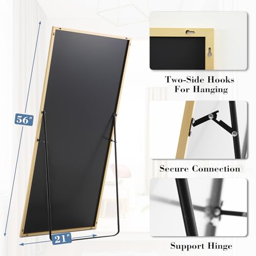 DUMOS 21"x56" Full Length Mirror with Stand, Floor Standing Aluminum Frame, Shatter-Proof Nano Glass for Bedroom, Living Room, Cloakroom – Modern Simple Home Decor,Can Be Hanging or Leaning, Gold - color: Gold-rect Edge, size: 56"L x 21"W
