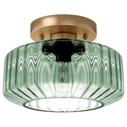 Sage Green Ribbed Glass Semi-Flush Mount Ceiling Light, 8.66" Mid-Century Modern Gold Light Fixture, E26 Base 1-Light Ceiling Lamp for Bedroom Bathroom Kitchen Hallway - color: Small, 8.66" Mint Green