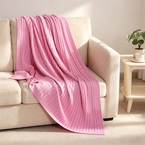 NTBAY 100% Pure Cotton Cable Knit Throw Blanket, Super Soft Warm 51x67 Knitted Throw Blanket for Couch, Sofa, Chair, Bed - Extra Cozy, Machine Washable, Comfortable Home Decor, Pink - color: Pink, size: Throw(51"x67")