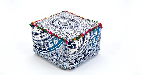 CRAFT KALA Indian Square Patchwork Traditional Pouf Cover Indian Living Room Poufs Cover Decorative Designer Ottoman Pom Pom Home Living Footstool Chair Cover Ottoman Decor 18X18X14 inches, Blue Ombre - color: Blue Ombre