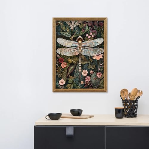 ICHZUMW William Morris Vintage Dragonfly Canvas Wall Art Framed, Green Botanical Wall Decor Pictures for Bedroom Living Room, Colorful Nature Painting Artwork Prints, Rustic Home Decorations, 16x24in - color: Dragonfly, size: 24"L x 16"W