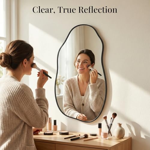 Irregular Wall Mirror 30"x16.5", Small Asymmetrical Mirror for Wall Decor, Matte Black Rust Proof Aluminum, Tempered Glass Wavy Mirror for Powder Room, Entryway & Aesthetic Bedroom - color: Black, size: 30"L x 16.5"W