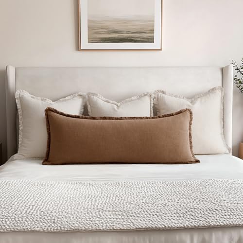 MIULEE Decorative Throw Pillow Covers Neutral Linen Fringe Throw Pillows Set of 1 Brown Boho Farmhouse Cushion Covers for Couch Sofa Bed Living Room Spring Home Decor 14x36 Inch - color: Brown