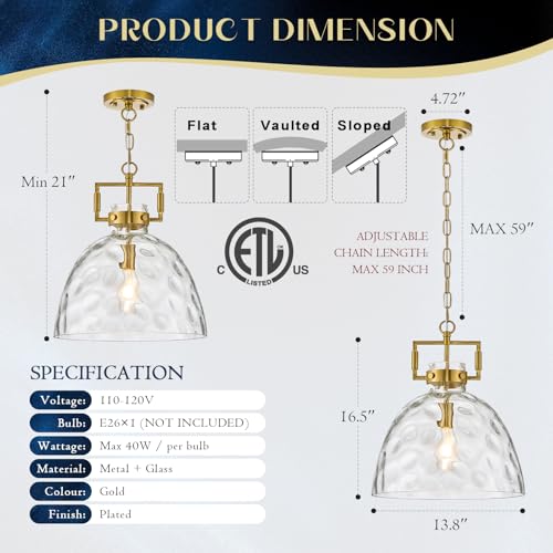 Glass Pendant Light, 13.8 Inch Single Hanging Ceiling Light with Adjustable Chain, E26 Base Oversized Clear Glass Kitchen Island Pendant Lighting in Brass Gold for Dining Room, Entryway - color: Large Gold