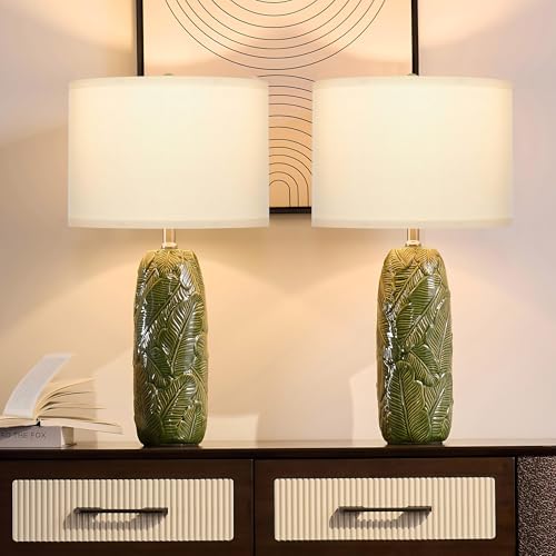 EUO 25” Green Lamps Set of 2 with Leaves Design for Living Room, Bedroom, Retro Ceramic Table Lamps for Nightstand Set of 2 - color: Green-L