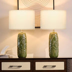 EUO 25” Green Lamps Set of 2 with Leaves Design for Living Room, Bedroom, Retro Ceramic Table Lamps for Nightstand Set of 2 - color: Green-L