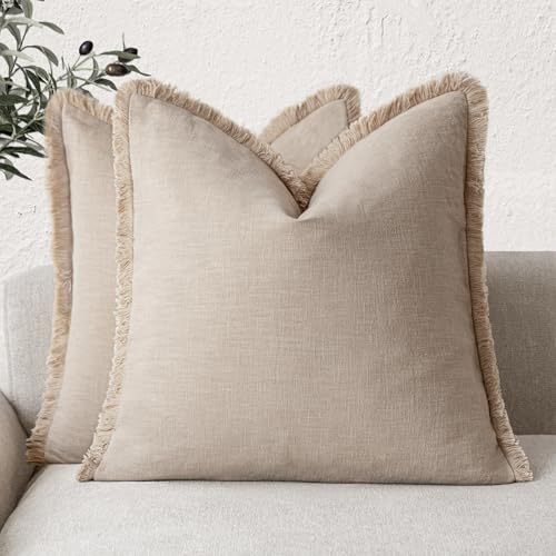 Foindtower Set of 2 Decorative Linen Fringe Throw Pillow Covers Boho Farmhouse Cushion Cover with Tassels Accent Pillowcase for Couch Chair Sofa Bed Living Room Home Decor,16×16 Inch,Tan Beige - color: Semolina, size: 16" x 16" (Pack of 2)