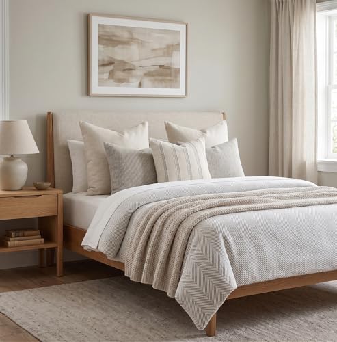 SanVia Cotton Throw Pillow Covers 20x20 – Handwoven Jacquard Texture, Fade-Resistant, No Pilling – Hidden Zipper, Decorative Cushion Cover for Sofa, Couch, Bed – Insert Not Included (Farmhouse, Grey) - color: Ivory Gray, size: 20" x 20"