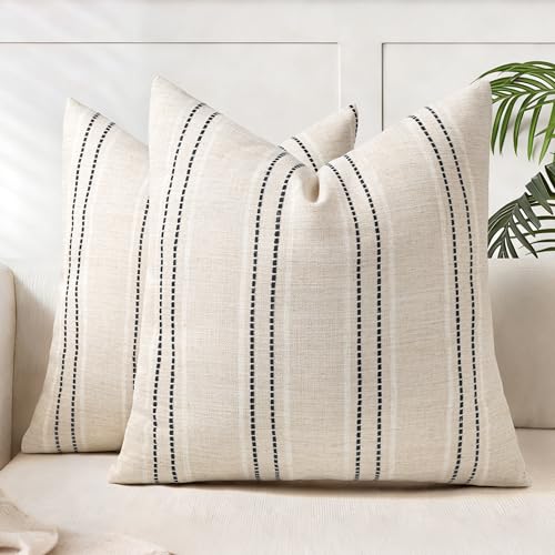 AELS 18x18 Decorative Farmhouse Linen Blend Throw Pillow Covers, Boho Textured Pillow Case, Set of 2, Beige with White & Black Stitch Yarn Dyed Stripe Cushion Cover for Sofa Living Room (Cover O - color: Beige With White & Black, size: 18" x 18" (Pack of