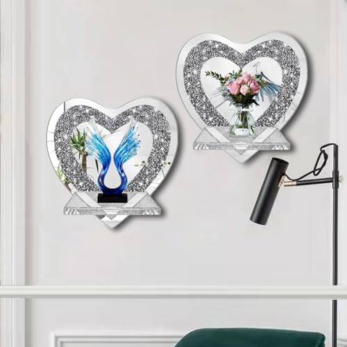 ZOLAPI Set of 2 Crystal Crush Diamond Candle Sconces, Gorgeous Silver Mirrored Wall Sconce, Candle Holder Glass Wall Decorations for Home Décor, Living Room, Dining Room.Heart Shaped - color: Silver Mirror Heart