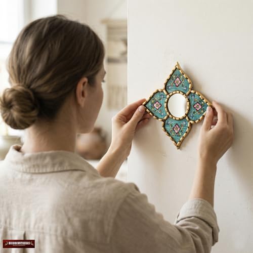 Peruvian Artisan Mirror for wall Decor– Small Diamond/Square wall Mirror with Bronze Leaf Frame (Turquoise) - color: Turquoise