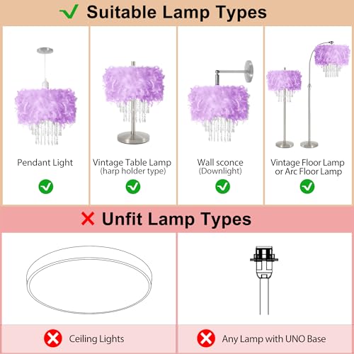 Feather Lamp Shade with Acrylic Beads Droplets, Fluffy Lampshade for Pendant, Table, Floor & Wall Lighting, Girl Bedroom Decor, ID 11.8inch, OD 15.7inch, Purple - color: Purple, size: 15.7 inches
