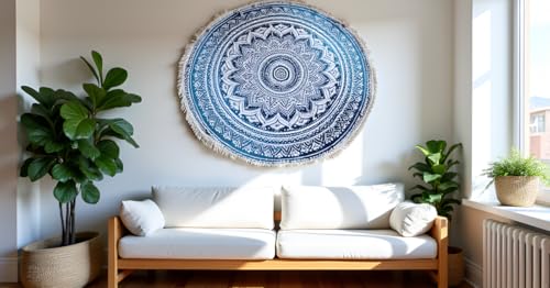 Round Beach Tapestry Mandala Boho Hippie Blanket Indian Cotton Bohemian Large Table Cloth Home Decor Yoga Mat Meditation Picnic Rug Hawaii Sunproof Throw Hippy Boho Gypsy Tablecloth Shawl Roundie (42 - color: Blue And White, size: 42"L x 42"W