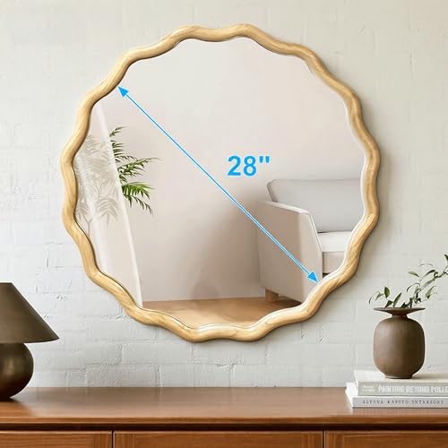 Circle Wood Mirrors for Wall, Wavy Round Bathroom Scalloped Mirror Wooden Frame 28 Inch for Living Room Farmhouse Bedroom Hallway Entryway Living Room with Shatterproof Glass Wall Mounted - size: 28"L x 28"W