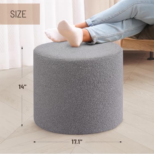 Grey Round Ottoman Foot Rest Stool – Modern Boucle Fabric Footstool with Soft Foam Filling, Lightweight Pouf for Living Room, Bedroom, Home Office – Neutral Grey - color: Grey