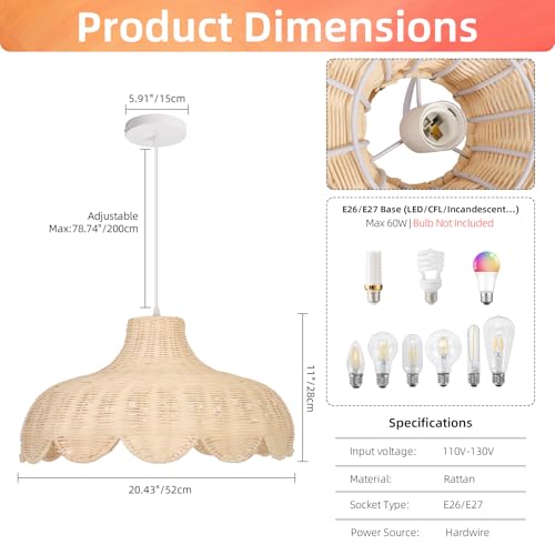 Arturesthome Rattan Pendant Lighting for Dining Room,20.4" Rattan Chandelier Woven Boho Chandelier Wicker Pendant Lamp for Kitchen Restaurant - size: 20.43"*11"