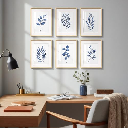 Framed Minimalist Botanical Wall Art, Set of 6 Blue Floral Leaf Painting Prints Artwork for Walls, Navy Blue Flowers Watercolor Plant Pictures for Bedroom Dining Room Hallway Office Home Decor, 11x14 - color: Blue Leaf - Neutral Framed, size: 11" W x 14"