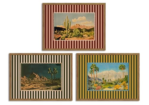 Framed Vintage Western Nature Landscape Wall Art Set of 3, Striped Postcards Southwest Desert Cactus Pictures Wall Decor Paintings, Boho Plant Canvas Prints for Living Room Bedroom Office 12x16 inch - color: Vintage Striped, size: 16L" x 12W"