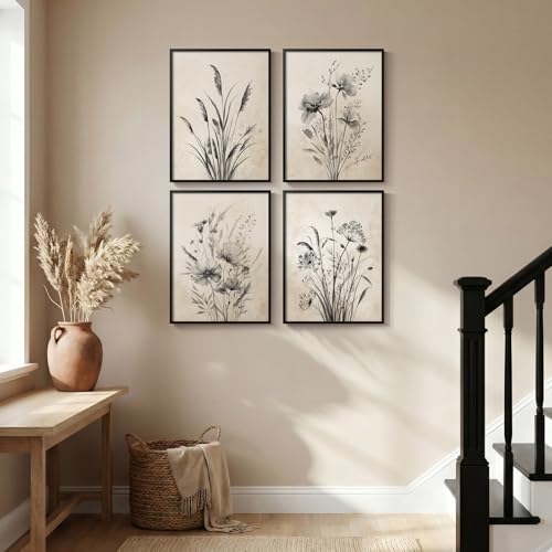 Framed Vintage Botanical Wall Art, 4 Piece Neutral Rustic Boho Floral Canvas Painting Prints for Modern Farmhouse, Black and White Flower Pictures for Living Room Bedroom Dining Room Wall Decor, 12x16 - color: Misty - Black Framed, size: 12" W x 16" H x 4