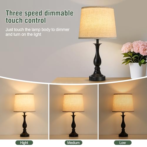 Bedside Table Lamp Touch Control Bedroom Lamps with USB A + C Charging Port 3 Way Dimmable Touch Lamps for Nightstand Living Room Bedroom Dorm Home Office Reading, Set of 2 (Beige Shade & Black Base) - color: Beige Shade & Black Base