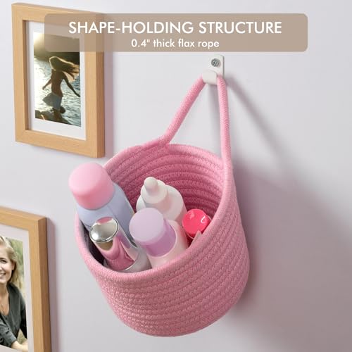 Fabric Wall Hanging Baskets - 3Pack Woven Pouchs Boho Style Wall Mounted Bag with Adhesive Hooks, Storage Organizers and Decoration Pocket Caddy Bins on Door Rack (Bright Pink & White, Large) - color: Bright Pink & White