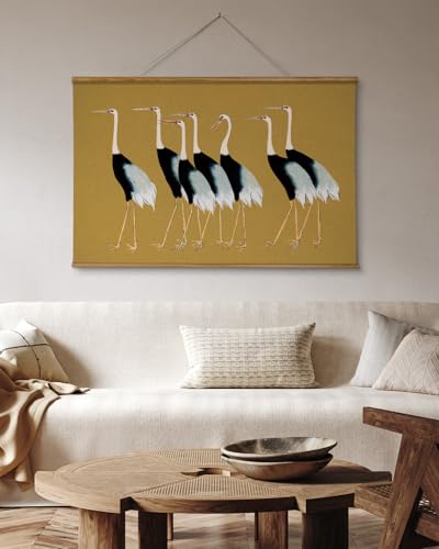 VIYYIEA Extra Large Size Canvas Wall Art, 36x54 Vintage Scroll Hanging Crane Print, Elegant Bird Animal Artwork for Living Room, Bedroom, or Office - color: Seven Cranes