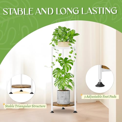 iDavosic.ly 2 Tier Corner Plant Stand Indoor, 30 Inch Tall Vertical Metal Flower Heavy Duty Pot Holder Shelf Outdoor for Patio Porch Living Room, White & Rustic Brown - Round - color: White, size: 2 Tiers