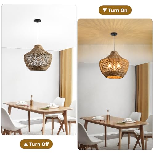 3-Lights Rattan Pendant Light,Boho Rattan Hand-Woven Hanging Light Fixture, Natural Seagrass Weaving Ceiling Chandelier for Kitchen Island Dining Living Bedroom Entry - color: Brown rattan, size: 3-light 18.9in